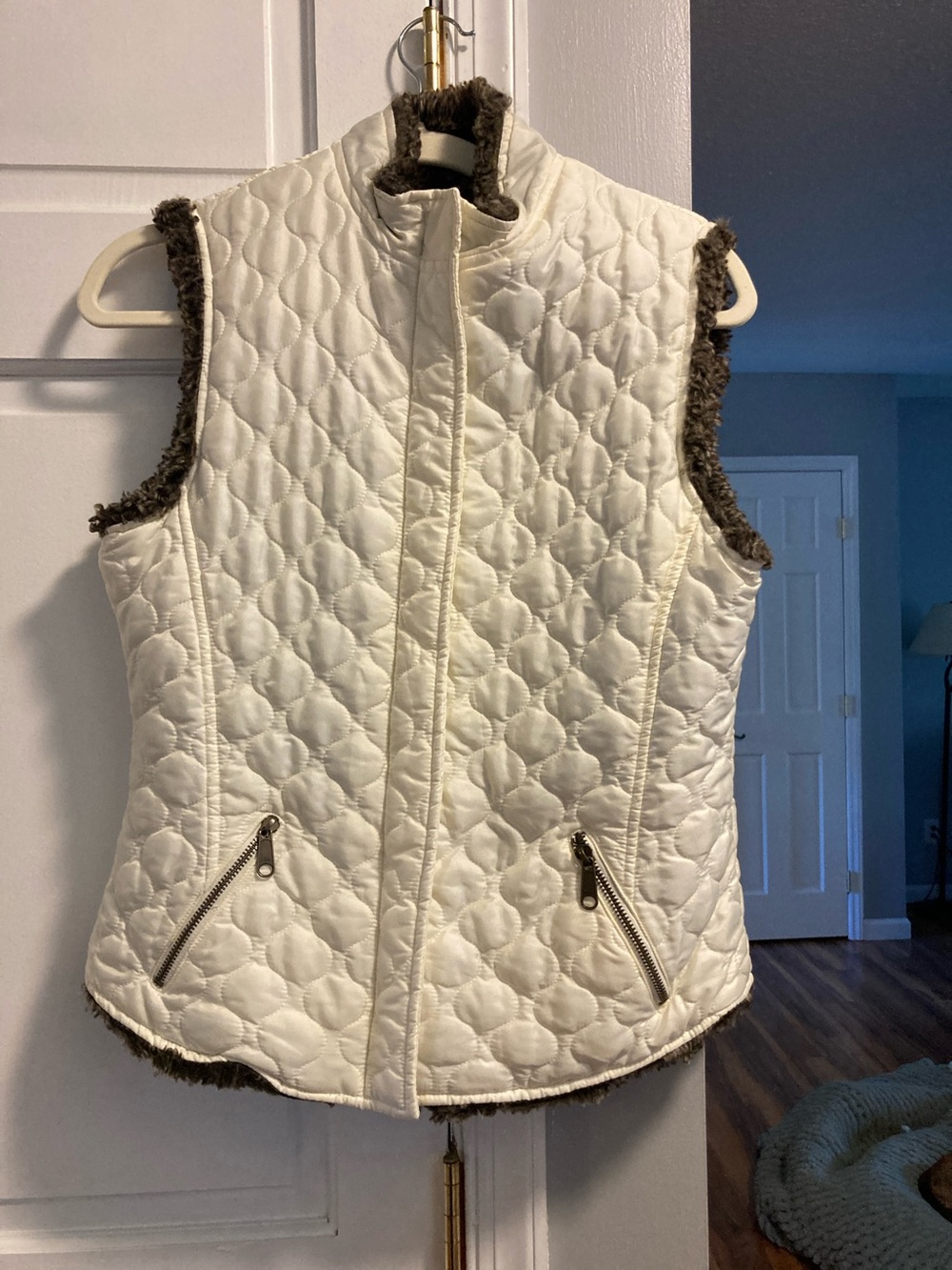 Vintage (‘03) The Limited Cream Quilted Sleeveless Vest with Brown Faux Fur Trim